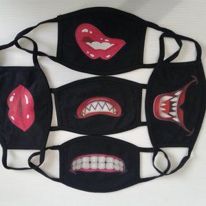 Set of 5 Mouth Printed Face Masks-Black